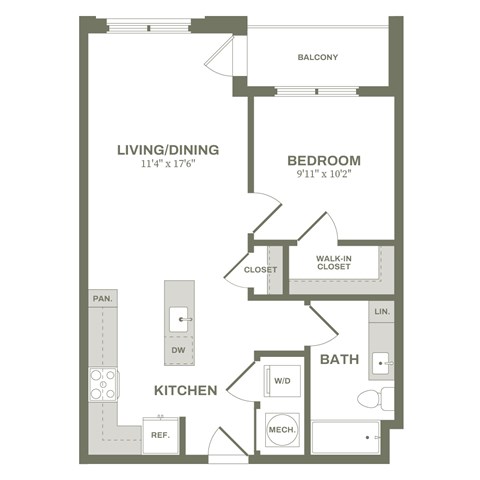 Floor plan for 1 bed, 1 bath, 636 sqft